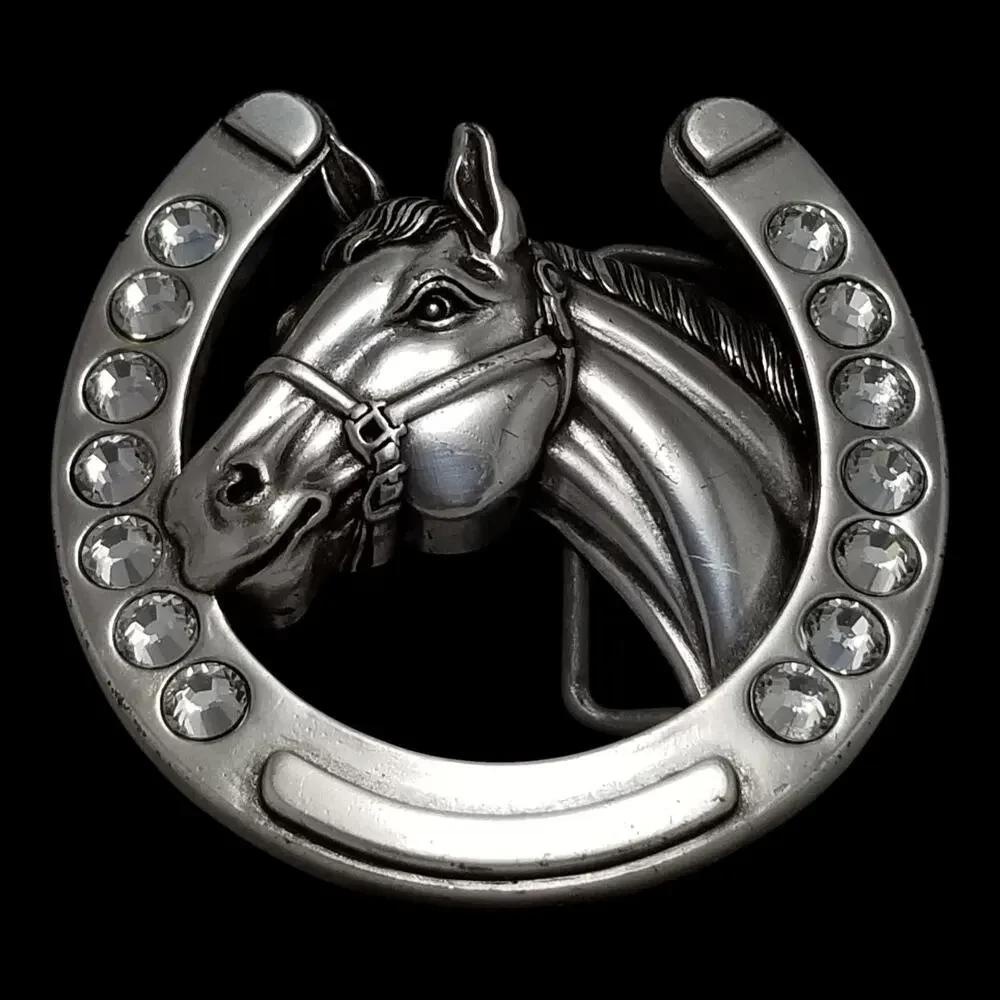 Vintage Belt Buckle Nocona Buckles Horseshoe‎ Horse Torso Rhinestones Western